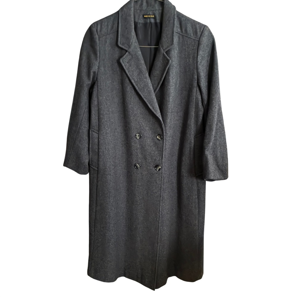 Vintage Wool Double Breasted Overcoat Longline Notched Lapel Grey Sz 16 Classic